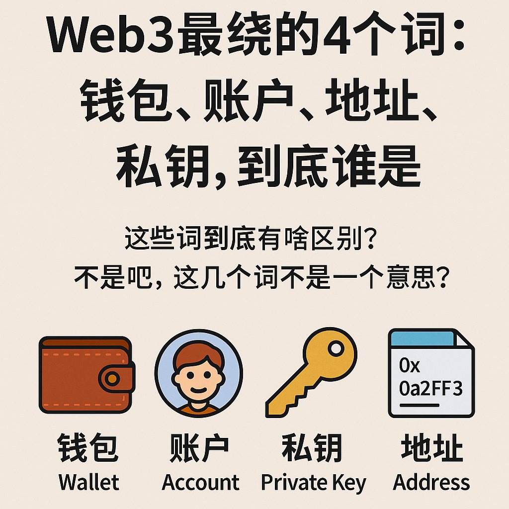 Web3最绕的4个词：钱包、账户、地址、私钥，到底谁是谁？ 刚进Web3那会儿，最让我头大的不是币价波动，而是这四个词到底啥区别：钱包、账户、地址、私钥。  听起来都像“登录方式”，结果用起来完全不是一码事，每次都让我：啊？这不一个东西吗？又感觉…好像也不是？ 来，咱 ...