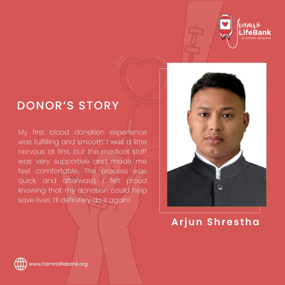 HamroLifebank's tweet photo. My first blood donation experience was fulfilling and smooth. I was a little nervous at first, but the medical staff was very supportive and made me feel comfortable. The process was quick, and afterward, I felt proud knowing that my donation could help save lives. https://t.co/bXDKQRrHrn