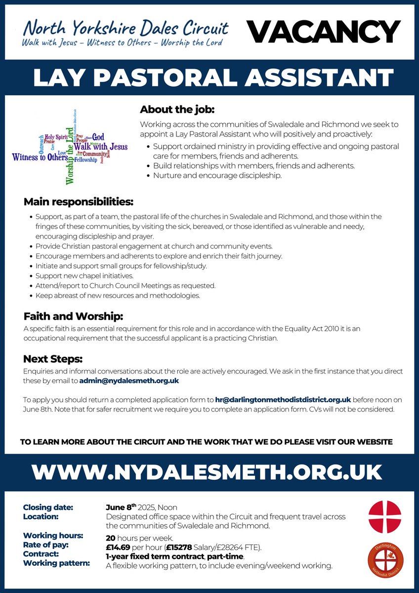 Methodist Jobs (@ukmethodistjobs) on Twitter photo // JOB VACANCY // The North Yorkshire Dales Methodist Circuit seek to appoint a Lay Pastoral Assistant to work predominantly across Swaledale and Richmond (Closes 08/06/25)
🗂️ Job Pack: darlingtonmethodistdistrict.org.uk/lib/F931409.pdf
📑 Application Form: darlingtonmethodistdistrict.org.uk/lib/F931410.doc // JOB VACANCY // The North Yorkshire Dales Methodist Circuit seek to appoint a Lay Pastoral Assistant to work predominantly across Swaledale and Richmond (Closes 08/06/25)
🗂️ Job Pack: darlingtonmethodistdistrict.org.uk/lib/F931409.pdf
📑 Application Form: darlingtonmethodistdistrict.org.uk/lib/F931410.doc