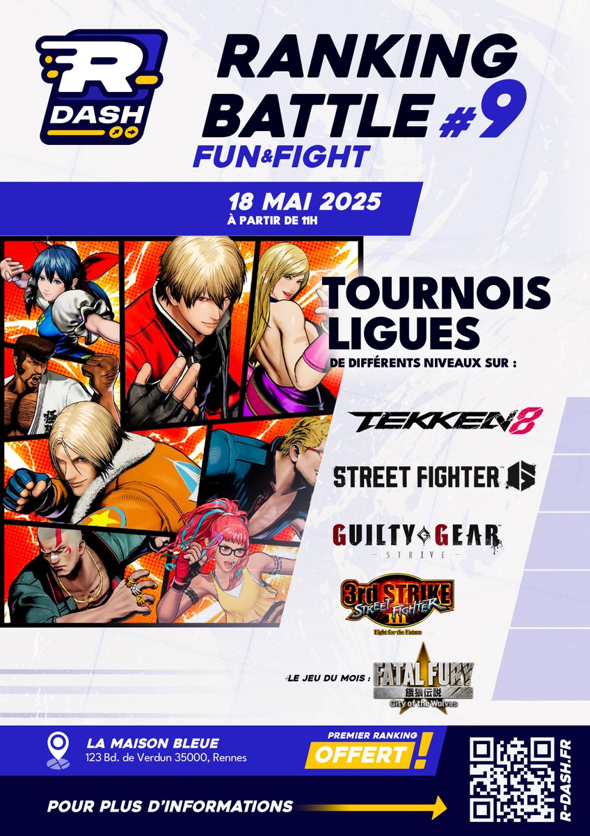 La bagarre rennaise est de retour !
🧵Ranking Battle #9, toutes les infos ⬇️⬇️

🗓️Dimanche 18 mai 2024, à partir de 11h
🗺️La Maison Bleue, 123 Bd de Verdun, 35000 Rennes
💰Premier ranking de la saison offert 🆓
⏱️Début des tournois à 13h