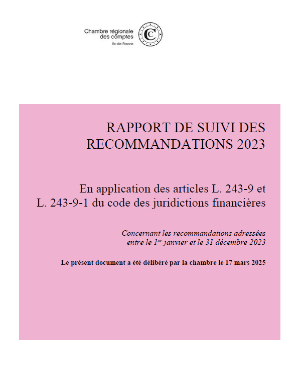 Chambre régionale des comptes Île-de-France (@crcidf) on Twitter photo La <a href="/crcidf/">Chambre régionale des comptes Île-de-France</a> publie son rapport de synthèse du suivi de ses #recommandations formulées en 2023 pour lesquelles les organismes contrôlés devaient, en 2024, lui rendre compte du degré de mise en œuvre. 👉Lire le rapport urlr.me/YneapD La <a href="/crcidf/">Chambre régionale des comptes Île-de-France</a> publie son rapport de synthèse du suivi de ses #recommandations formulées en 2023 pour lesquelles les organismes contrôlés devaient, en 2024, lui rendre compte du degré de mise en œuvre. 👉Lire le rapport urlr.me/YneapD