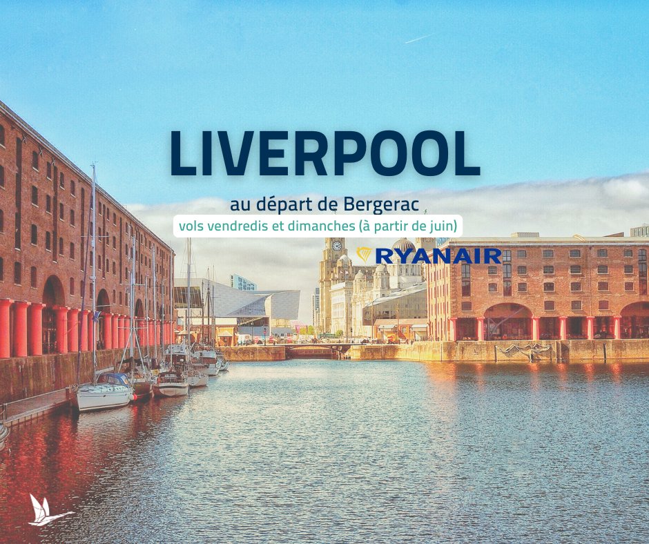 Liverpool – Bergerac
À partir de juin, vols directs les vendredis et dimanches entre Liverpool et Bergerac.

Réservez votre voyage sur bergerac.aeroport.fr

#volsbergerac #liverpool #volsdirects
