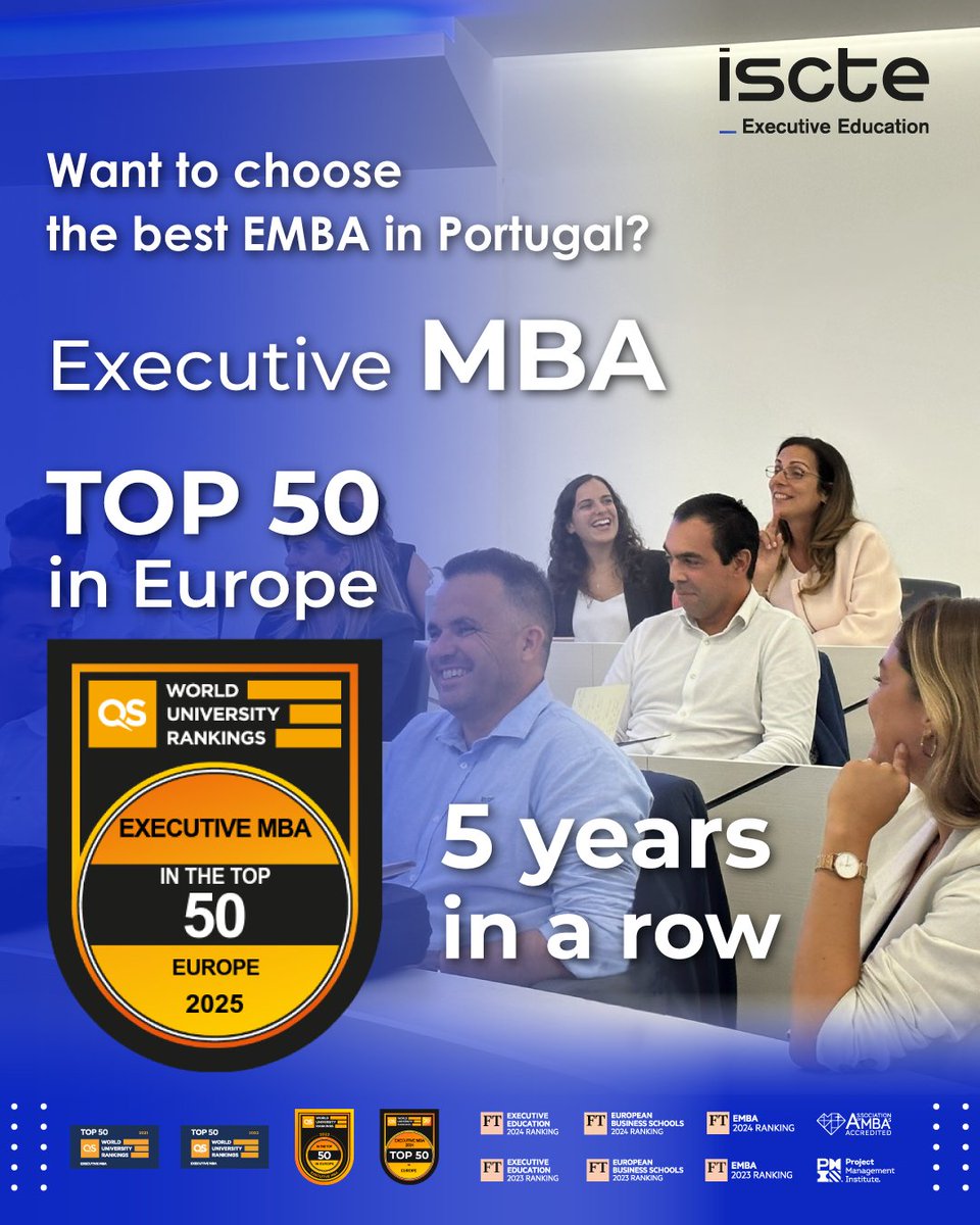 📣 5 anos consecutivos no Top 50 do QS Quacquarelli Symonds Executive MBA Rankings 2025! O nosso Executive MBA volta a ser reconhecido no QS Executive MBA Rankings 2025.
Reforçamos a posição de destaque nos indicadores:
🎯  Career Outcomes
🎯 Executive Profile