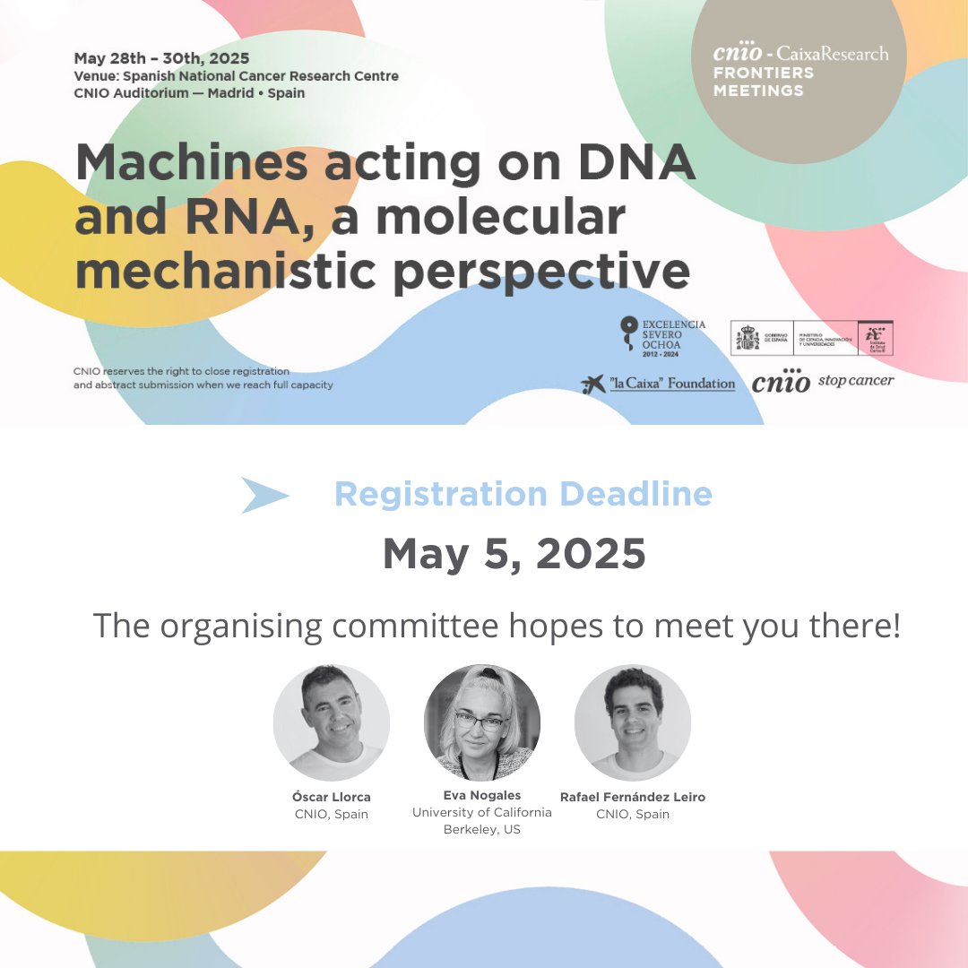 CNIO Stop Cancer (@cniostopcancer) on Twitter photo 🔊Last call for registration for #CFM_MolMech!
🔴Deadline: May 5th 2025🔴
📅The meeting will take place May 28th - 30th at #CNIOStopCancer
With the support of <a href="/CaixaResearch/">CaixaResearch</a>
🔗Only a few spots left! Secure yours at: bit.ly/42hyRh0 🔊Last call for registration for #CFM_MolMech!
🔴Deadline: May 5th 2025🔴
📅The meeting will take place May 28th - 30th at #CNIOStopCancer
With the support of <a href="/CaixaResearch/">CaixaResearch</a>
🔗Only a few spots left! Secure yours at: bit.ly/42hyRh0