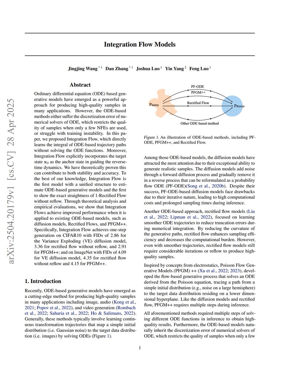 Integration Flow Models

"Integration Flow is the first model with a unified structure to estimate ODE-based generative models and the first to show the exact straightness of 1-Rectified Flow without reflow."