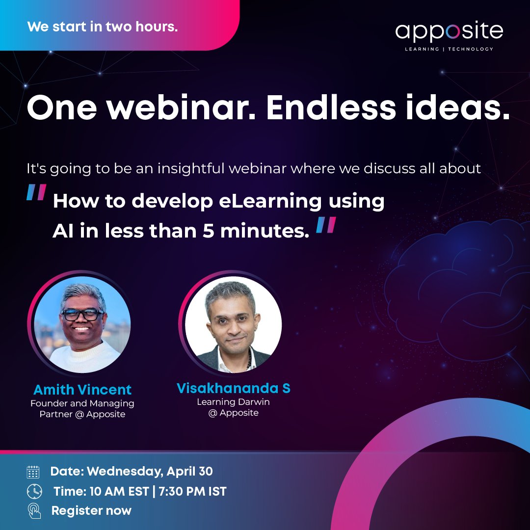 AppositeSol's tweet image. In less than two hours we discuss how AI makes eLearning effortless.
📌 Register now: lnkd.in/gk8vti3U

Smarter learning starts here—and yes, there&apos;s a free eBook too.

#AIinLearning #Webinar #Appositelearningsolutions