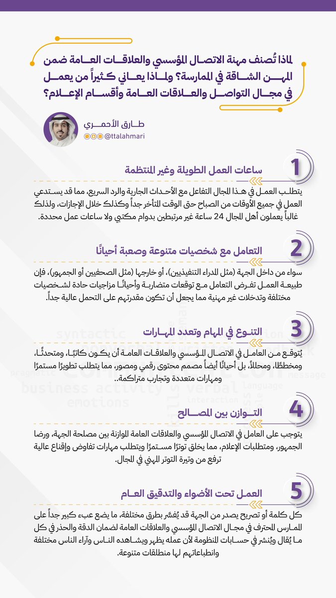 كان الله في عون من يعمل في مجال الاتصال المؤسسي والعلاقات العامة والإعلام، عمل مستمر لا يهدأ وجهد مُضني، هنا قدمت 5 أسباب توضح لماذا يعتبر العمل في هذا المجال من المهن الشاقة في الممارسة..