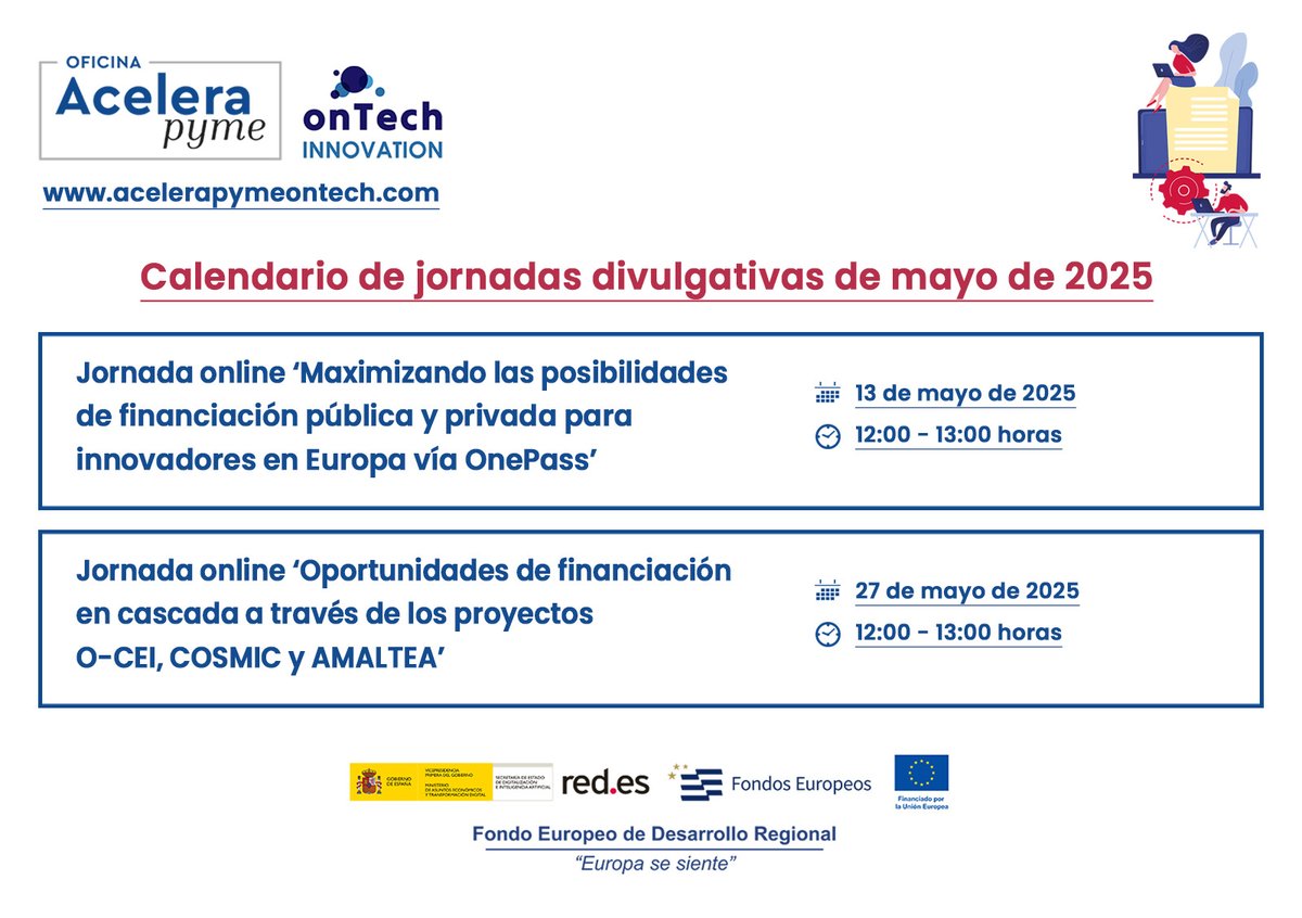📢Calendario de jornadas gratuitas #AceleraPymeonTech para el mes de mayo‼️
Dos webinar en los que profundizaremos sobre financiación pública y privada para impulsa la #TransformaciónDigital de #Pymes y autónomos de #Andalucía
Más info e inscripciones 👇 acelerapymeontech.com/eventos