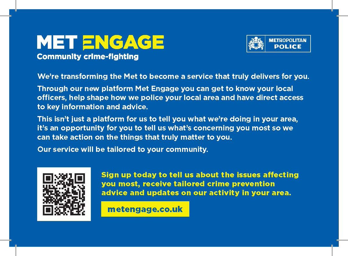 #METENGAGE👮📱 | We are launching a brand new service called Met Engage.
Sign up today to receive updates from your local police officers on the issues that matter most to you.

Sign up here👇

metengage.co.uk