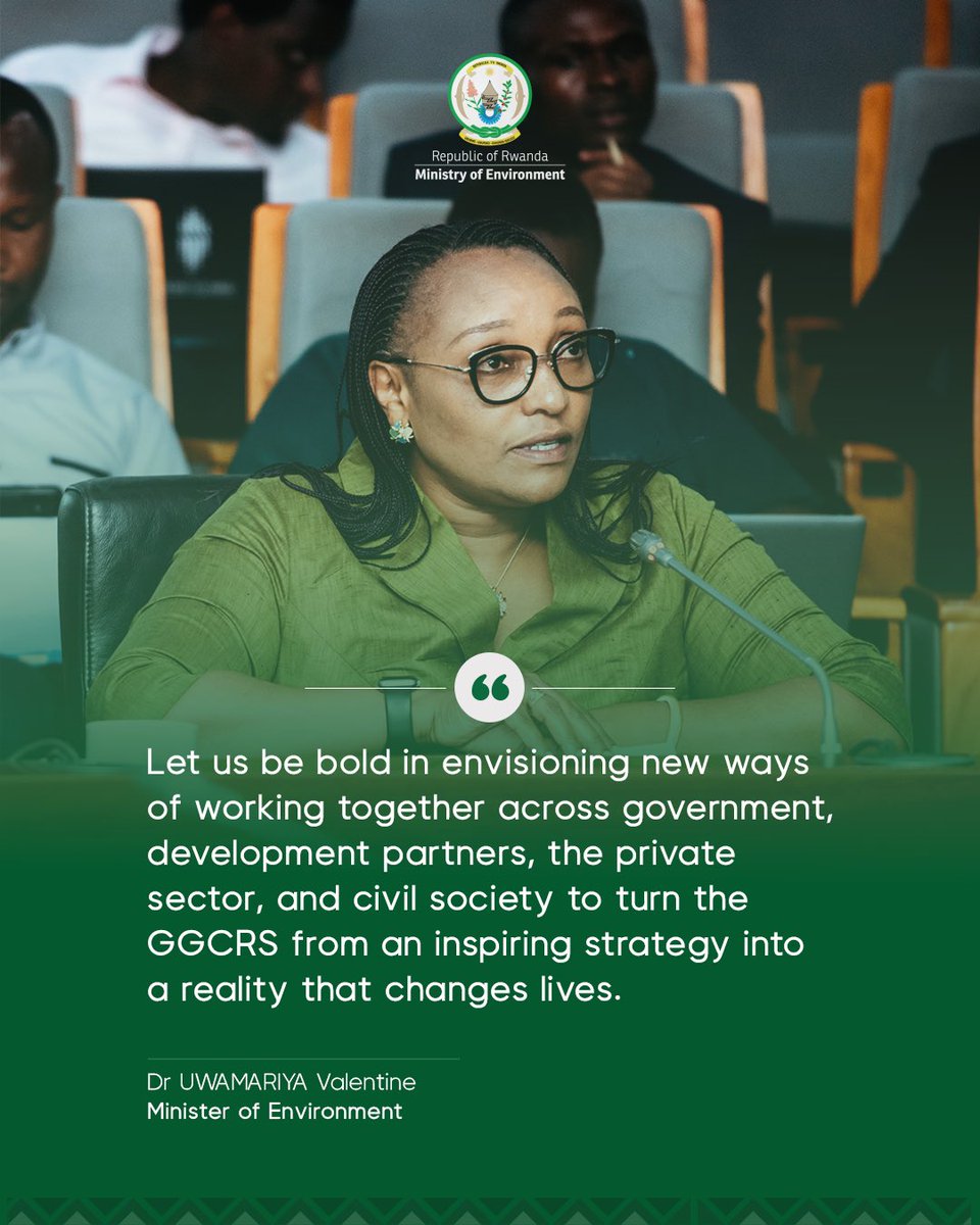 Ministry of Environment - Rwanda (@environmentrw) on Twitter photo The Minister of Environment <a href="/Dr_Uwamariya/">Dr. Valentine Uwamariya</a> calls for bold, united action to bring the GGCRS to life and deliver real impact for Rwandans.
#GreenRwanda🇷🇼🌿 The Minister of Environment <a href="/Dr_Uwamariya/">Dr. Valentine Uwamariya</a> calls for bold, united action to bring the GGCRS to life and deliver real impact for Rwandans.
#GreenRwanda🇷🇼🌿