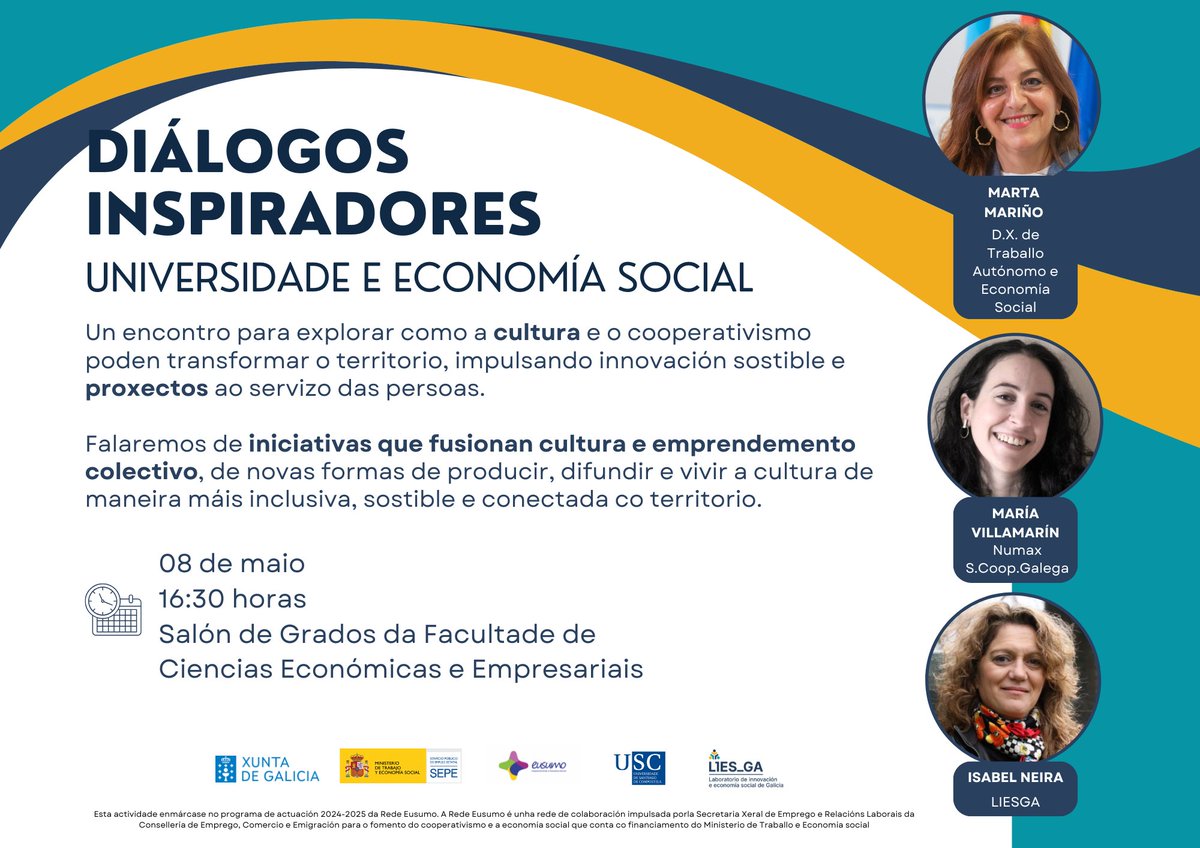 #ConectaESGalega🔌  Diálogos Inspiradores: Universidade e Economía Social 

📅 8 de maio
🕟 16:30 h
📍 Salón de Graos, Facultade <a href="/EcoAdeUSC/">Facultade de Ciencias Económicas e Empresariais</a> , USC  @universidadeUSC

Inscríbete 🔗 forms.gle/Bvo27BVWTav9NZ… 

#DiálogosInspiradores #EconomíaSocial