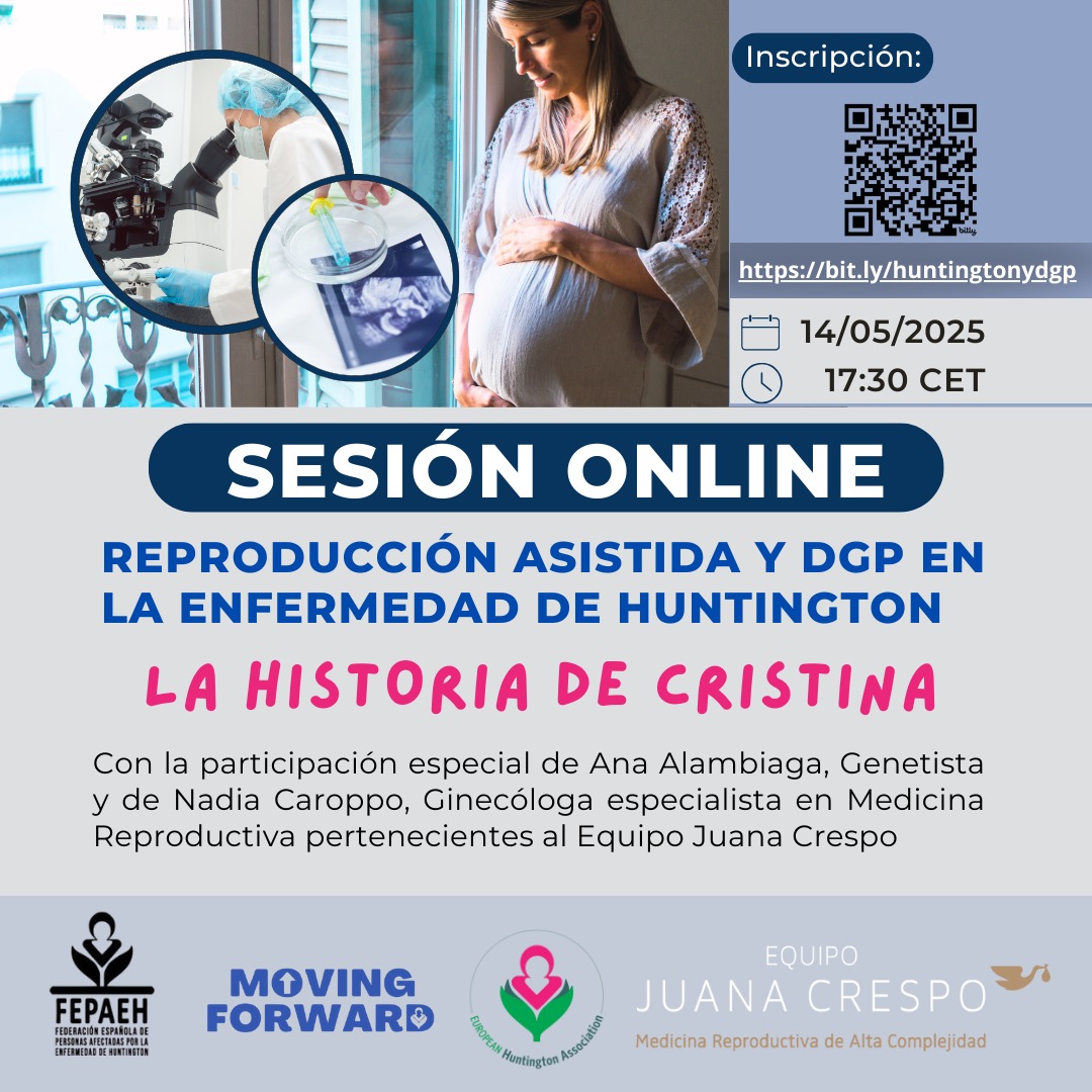 Asociación Valenciana de Enfermedad de Huntington (@asociacionavaeh) on Twitter photo ¿La Enfermedad de #Huntington te plantea preguntas sobre la posibilidad de tener hijos? 🤰🏻
<a href="/EquipoJCrespo/">Equipo Juana Crespo</a> El 14 de mayo a las 17:30 (Zoom) exploraremos el DGP.
Inscripción: bit.ly/huntingtonydgp ¿La Enfermedad de #Huntington te plantea preguntas sobre la posibilidad de tener hijos? 🤰🏻
<a href="/EquipoJCrespo/">Equipo Juana Crespo</a> El 14 de mayo a las 17:30 (Zoom) exploraremos el DGP.
Inscripción: bit.ly/huntingtonydgp