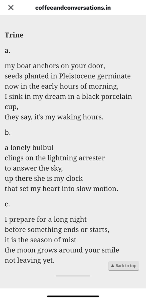 My poem ‘Trine’ was recently published in Coffee and Conversation magazine! Thanks to  the editor Shikha!