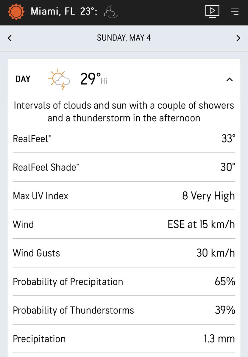 Weather in Miami this weekend 🌧️

Sunday: “A couple of showers and a thunderstorm in the afternoon”

Some chance of showers (50-65%) but ~1 millimeter rainfall shouldn’t be *that* concerning, right?

As of now, not enough to dissuade me from using Limitless if I go there 🤔