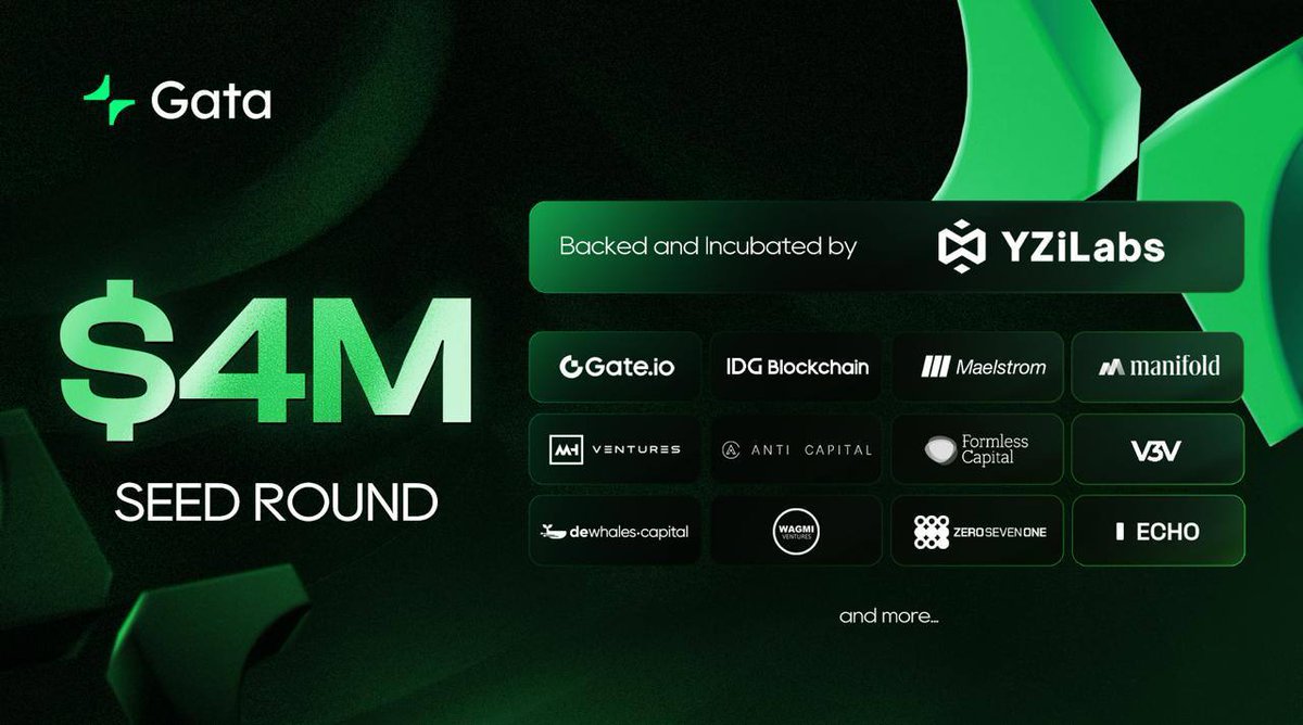 Gata (@gata_xyz) on Twitter photo We are thrilled to announce a $4M Seed raise from <a href="/yzilabs/">YZi Labs</a>, <a href="/gate_ventures/">Gate Ventures</a>, IDG Blockchain, <a href="/MaelstromFund/">Maelstrom</a>, <a href="/ManifoldTrading/">Manifold</a>, <a href="/MH_Ventures/">MH Ventures</a>, <a href="/Anti__Capital/">Anti Capital - We are hiring THE best!!!</a>, <a href="/FormlessCapital/">Formless Capital (Not Financial Advice)</a>, <a href="/v3v_ventures/">V3V Ventures</a>, <a href="/DewhalesCapital/">Dewhales</a>,<a href="/wagmi_vc/">WAGMI Ventures</a>, <a href="/071_labs/">071labs</a>, and <a href="/echodotxyz/">echo</a> to accelerate our mission to build a We are thrilled to announce a $4M Seed raise from <a href="/yzilabs/">YZi Labs</a>, <a href="/gate_ventures/">Gate Ventures</a>, IDG Blockchain, <a href="/MaelstromFund/">Maelstrom</a>, <a href="/ManifoldTrading/">Manifold</a>, <a href="/MH_Ventures/">MH Ventures</a>, <a href="/Anti__Capital/">Anti Capital - We are hiring THE best!!!</a>, <a href="/FormlessCapital/">Formless Capital (Not Financial Advice)</a>, <a href="/v3v_ventures/">V3V Ventures</a>, <a href="/DewhalesCapital/">Dewhales</a>,<a href="/wagmi_vc/">WAGMI Ventures</a>, <a href="/071_labs/">071labs</a>, and <a href="/echodotxyz/">echo</a> to accelerate our mission to build a
