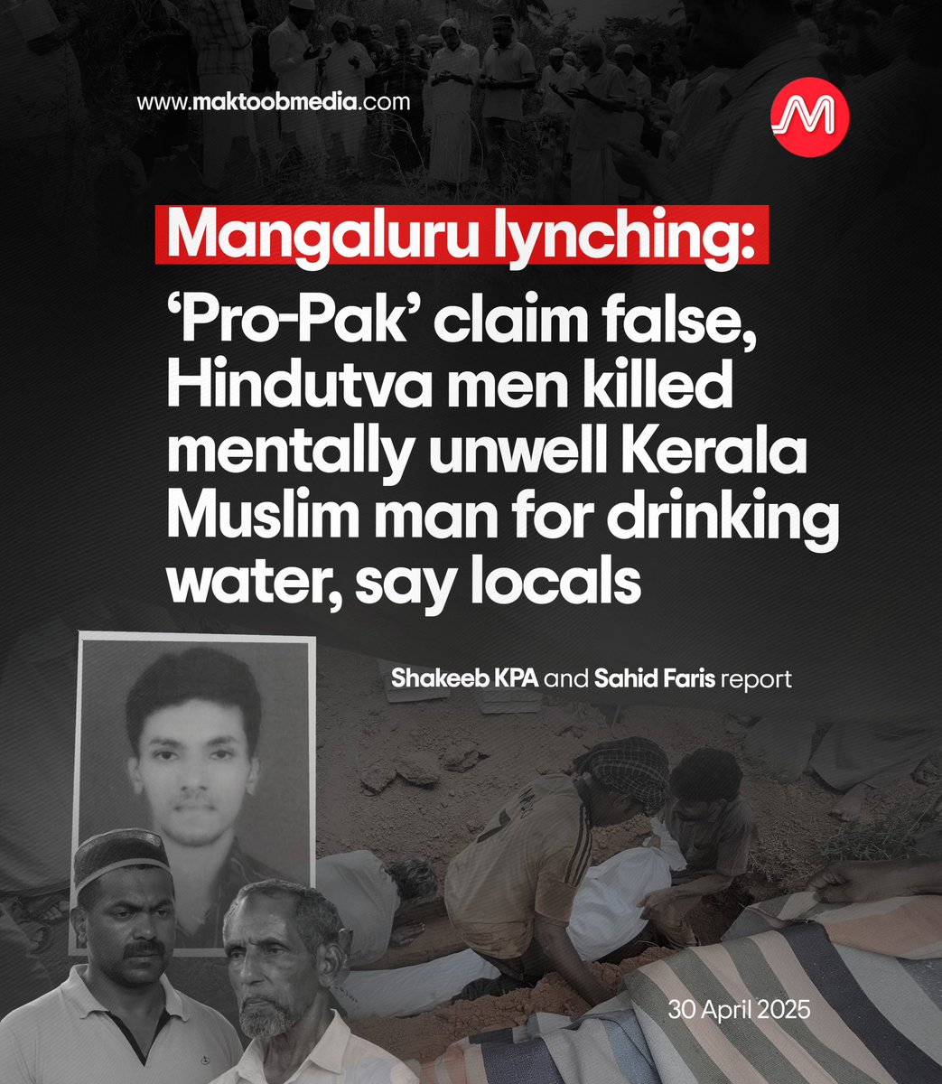 MaktoobMedia's tweet photo. The body of Ashraf, a 36-year-old mentally unwell Malayali Muslim man brutally lynched by a Hindutva mob in Mangaluru, Karnataka, was laid to rest Wednesday at the Cholakkundu mosque graveyard in his hometown of Kottakkal, Malappuram.

@KpaShakeeb and @SahidFaris report:

https://t.co/WZBnHexu5h