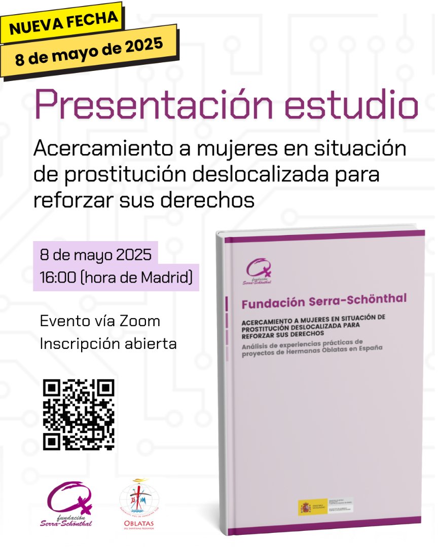 📢¡NUEVA FECHA!
Presentación del estudio “Acercamiento a mujeres en situación de #prostitución deslocalizada para reforzar sus derechos”
🗓 8 mayo | 🕓 16:00 (hora Madrid)
📍 Zoom | 📝 Inscripciones abiertas hasta el 6/05
👉 forms.gle/y93Fh8WQ7bzG7H…

#Trata #trabajosocial #DDHH