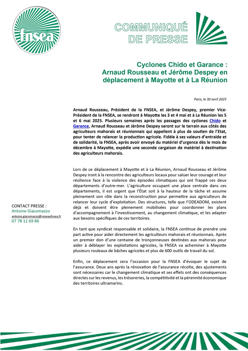 La FNSEA (@fnsea) on Twitter photo 🗞️🚜 Communiqué #FNSEA | Cyclones #Chido et #Garance : Arnaud Rousseau et Jérôme Despey en déplacement à Mayotte et à La Réunion.
🔗 bit.ly/CPcyclonesFNSEA⤵️
-
Arnaud Rousseau (<a href="/rousseautrocy/">Arnaud Rousseau</a>), Président de la FNSEA, et Jérôme Despey (<a href="/JeromeDespey/">Jérôme Despey</a>), premier Vice-Président de la 🗞️🚜 Communiqué #FNSEA | Cyclones #Chido et #Garance : Arnaud Rousseau et Jérôme Despey en déplacement à Mayotte et à La Réunion.
🔗 bit.ly/CPcyclonesFNSEA⤵️
-
Arnaud Rousseau (<a href="/rousseautrocy/">Arnaud Rousseau</a>), Président de la FNSEA, et Jérôme Despey (<a href="/JeromeDespey/">Jérôme Despey</a>), premier Vice-Président de la