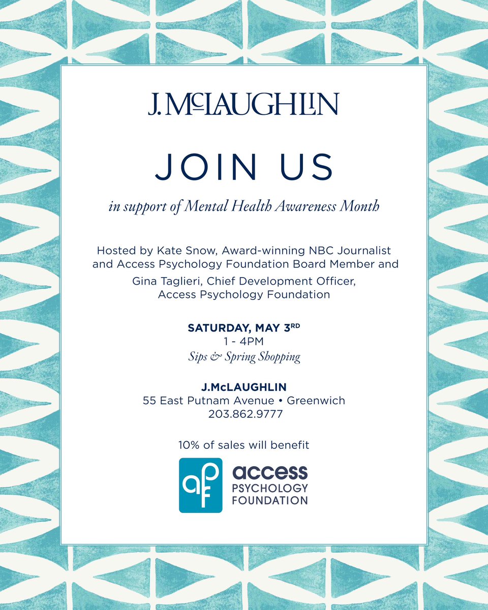 Where are my shoppers?! This Saturday I’ll be at J McLaughlin in Greenwich CT from 1-4 to host a shopping day where a portion of sales goes to the Access Psychology Foundation, which helps provide much-needed access to psychological care for kids in communities where it’s hard to