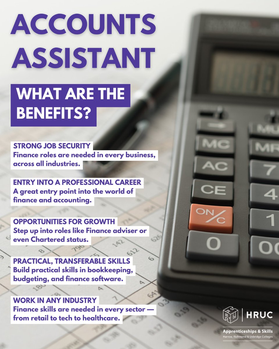 We've put together 5 benefits to why an Accounts Assistant apprenticeship could be a great fit for your career, but that doesn't stop there! For more information on our apprenticeships and the vacancies we have available, visit: hruc.ac.uk/apprenticeship…