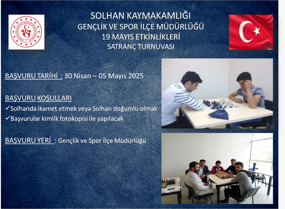 GSB_SolhanGM's tweet photo. 🇹🇷 19 Mayıs Atatürk’ü Anma, Gençlik ve Spor Bayramı’na Özel Turnuva! 💪
Bu özel günde, hem bayram coşkusunu birlikte yaşayalım hem de sporun heyecanını paylaşalım. 🤗
Sen de kendine güveniyorsan, turnuvaya katıl, yeteneklerini göster ve sürpriz ödüllerimizi kazanma şansını yakala https://t.co/bg841P6fSm