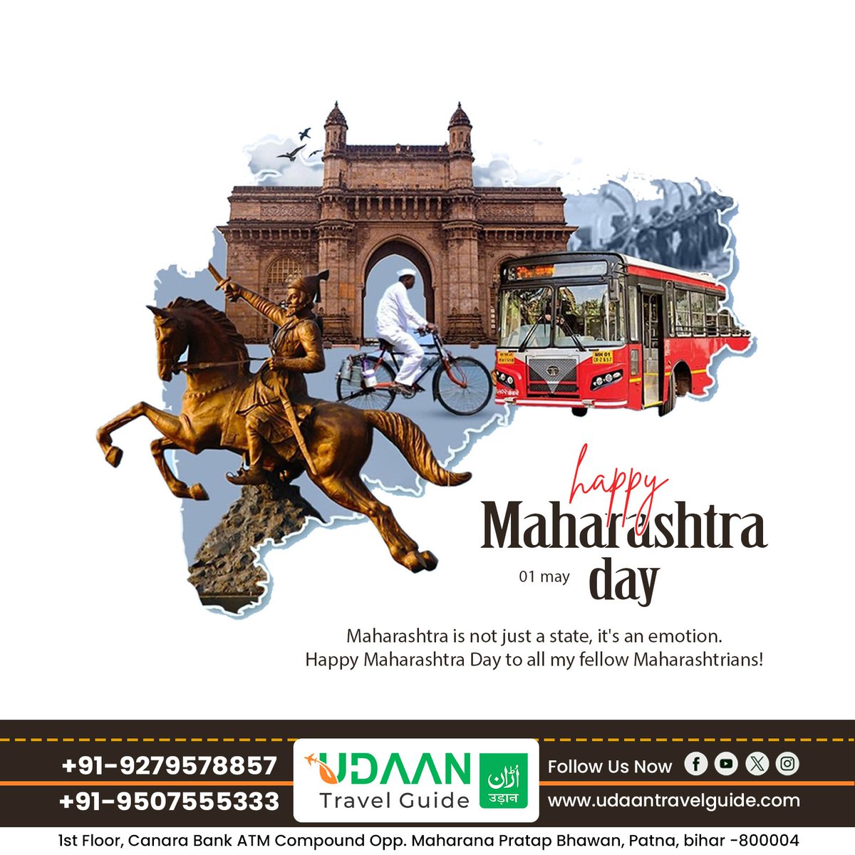 UdaanGuide's tweet photo. Happy Maharashtra Day! 🚩🌄

From beautiful forts to tasty food and colorful festivals — Maharashtra has so much to see and love.

Udaan Travel Guide is proud to help you explore every corner of this amazing state!

#MaharashtraDay #UdaanTravelGuide #ExploreMaharashtra https://t.co/hPQQLczE5G