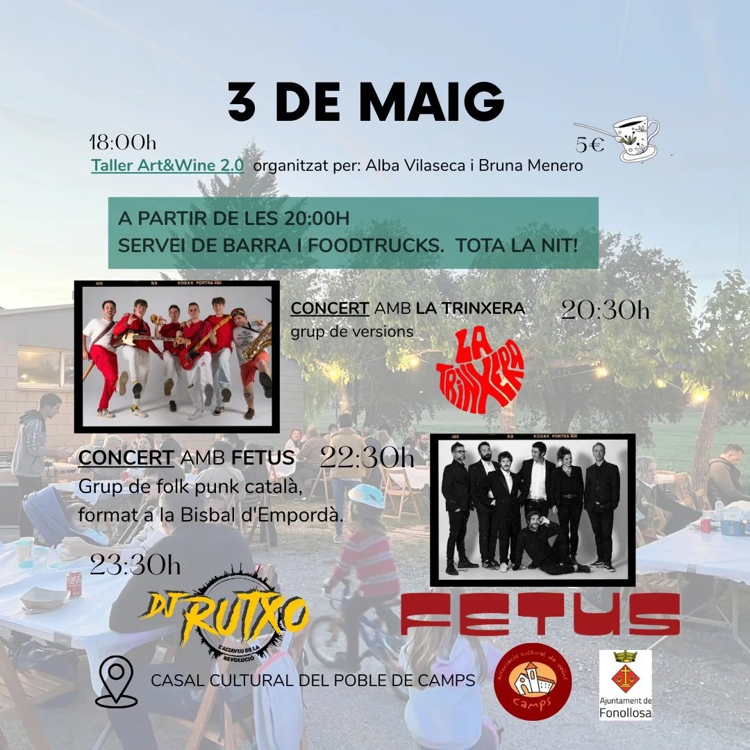 Al terme de Fonollosa (Bages), entre la serra de Castelltallat i la riera de la Vall, s'hi troba el poble de Camps. Aquests dies celebra la Festa Major i hi desembarquem dissabte, per fer recital de lluïment a les 22 h, després de La Trinxera i abans de DJ Rutxo. Campi qui pugui!