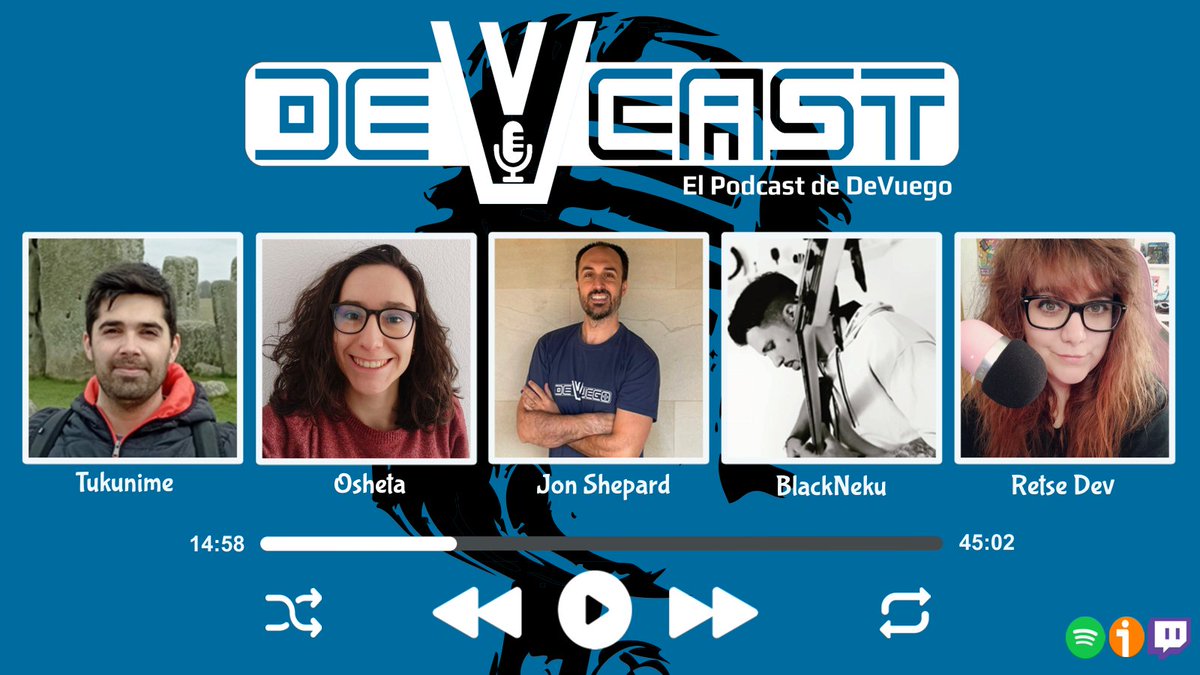 DeVuego (@devuego) on Twitter photo 📢Esta noche toca DeVCast!!🎙️
Ponte al día con la actualidad del videojuego español: noticias, lanzamientos, eventos, kickstarters y mucho más! 🇪🇸
De la mano de:
<a href="/El_Viejo_Jugon/">Jon Shepard</a>
<a href="/blackneku_/">blackneku 🎙️ CAFÉ con GATO NEGRO - Videojuegos ☕</a>
<a href="/osheta_games/">Osheta</a>
<a href="/Tukunime_San/">Santiago Sánchez</a>
<a href="/Retse_dev/">Retse 🏳️🌈 | Boira = O O =</a>
Nos vemos a las 23h en Twitch! 📢Esta noche toca DeVCast!!🎙️
Ponte al día con la actualidad del videojuego español: noticias, lanzamientos, eventos, kickstarters y mucho más! 🇪🇸
De la mano de:
<a href="/El_Viejo_Jugon/">Jon Shepard</a>
<a href="/blackneku_/">blackneku 🎙️ CAFÉ con GATO NEGRO - Videojuegos ☕</a>
<a href="/osheta_games/">Osheta</a>
<a href="/Tukunime_San/">Santiago Sánchez</a>
<a href="/Retse_dev/">Retse 🏳️🌈 | Boira = O O =</a>
Nos vemos a las 23h en Twitch!