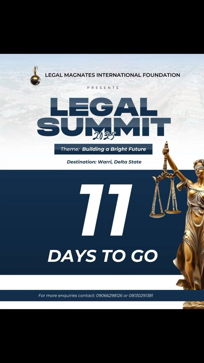 legalmagnates's tweet photo. 11 days to LEGAL SUMMIT'25.
In 11 days, we'll be experiencing a unique opportunity to go on an experiential journey to Warri, Delta State!
Registration is still ongoing! Don't miss out on this impactful opportunity.
#LMIL #LegalSummit25 #Delta2025
#BuildingTheFuture https://t.co/JasBWOS8Sl
