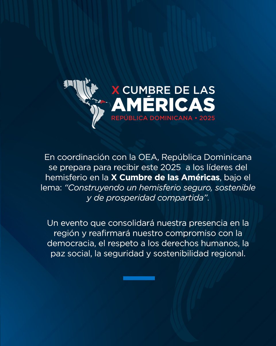 Embajada de República Dominicana en Francia (@rdenfrancia) on Twitter photo Nous célébrons le 77e anniversaire de la fondation de l’Organisation des États Américains (OEA). En 2025, en coordination avec l'OEA, notre pays accueillera le Xe Sommet des Amériques, sous le thème “ Construire un hémisphère sûr, durable et prospère pour tous”. <a href="/MIREXRD/">Cancillería de República Dominicana</a> Nous célébrons le 77e anniversaire de la fondation de l’Organisation des États Américains (OEA). En 2025, en coordination avec l'OEA, notre pays accueillera le Xe Sommet des Amériques, sous le thème “ Construire un hémisphère sûr, durable et prospère pour tous”. <a href="/MIREXRD/">Cancillería de República Dominicana</a>