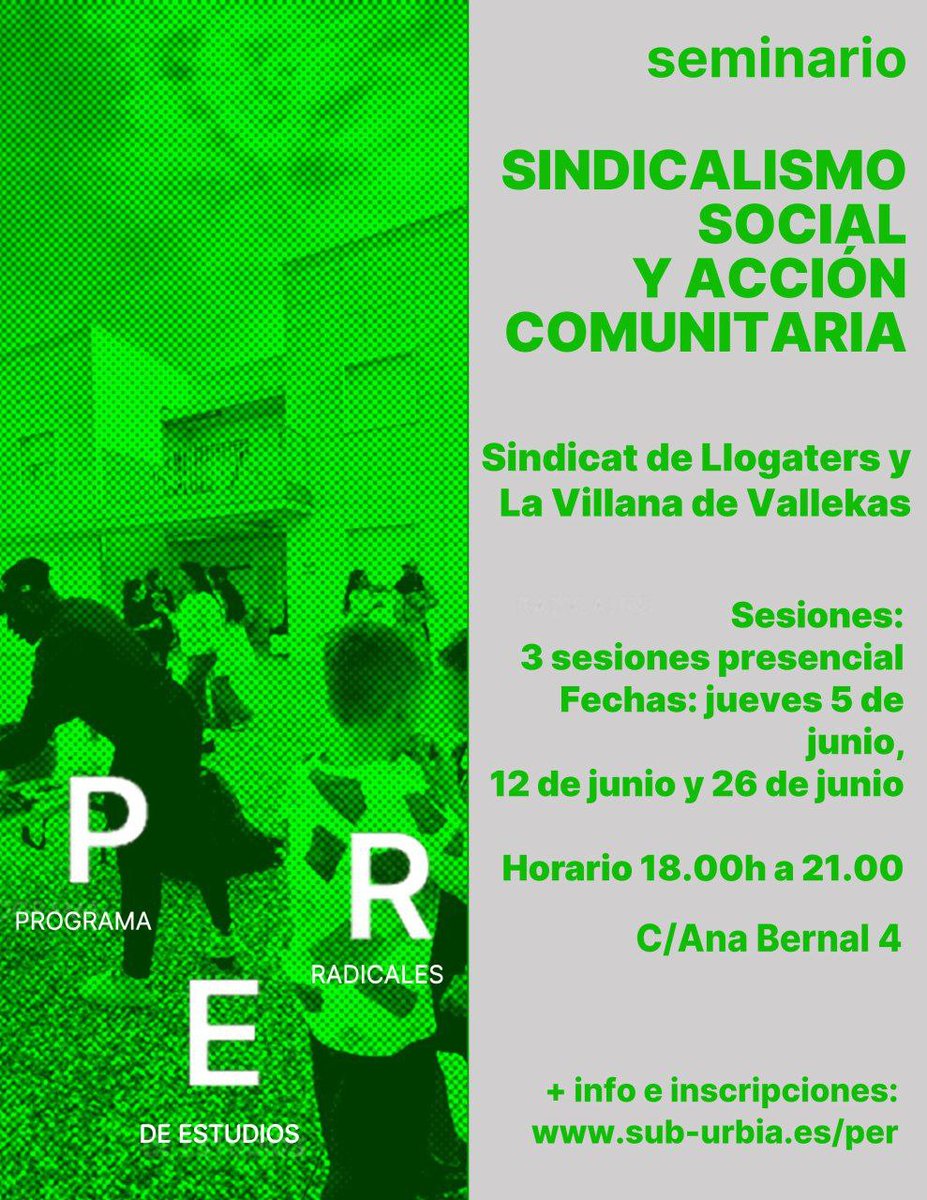Suburbia (@suburbiacc) on Twitter photo SEMINARIO. SINDICALISMO SOCIAL Y ACCIÓN COMUNITARIA
3 sesiones: Jueves 5, 12 y 26 de junio.
Lectura cuidada, ponencias y taller/radio
De 18h a 21h
Con el <a href="/SindicatLloguer/">Sindicat de Llogateres i Llogaters</a> y <a href="/lavillanavk/">La Villana / PAH Vallekas</a>
Inscripciones abiertas: puedes hacerla en
sub-urbia.es/per
o en la librería SEMINARIO. SINDICALISMO SOCIAL Y ACCIÓN COMUNITARIA
3 sesiones: Jueves 5, 12 y 26 de junio.
Lectura cuidada, ponencias y taller/radio
De 18h a 21h
Con el <a href="/SindicatLloguer/">Sindicat de Llogateres i Llogaters</a> y <a href="/lavillanavk/">La Villana / PAH Vallekas</a>
Inscripciones abiertas: puedes hacerla en
sub-urbia.es/per
o en la librería