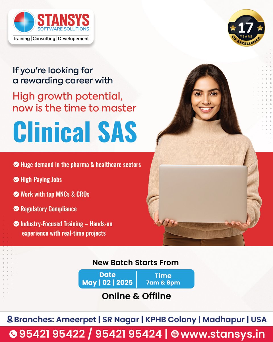 Stansys_SAS's tweet image. Looking to build a successful career in pharma or healthcare analytics? 

📞 Join Us Now : 95421 95422 / 95421 95424.

🌐 Visit : stansys.in

#clinicalsas #sasprogramming #sastraining #clinicalresearchtraining #pharmaanalytics #clinicaldata