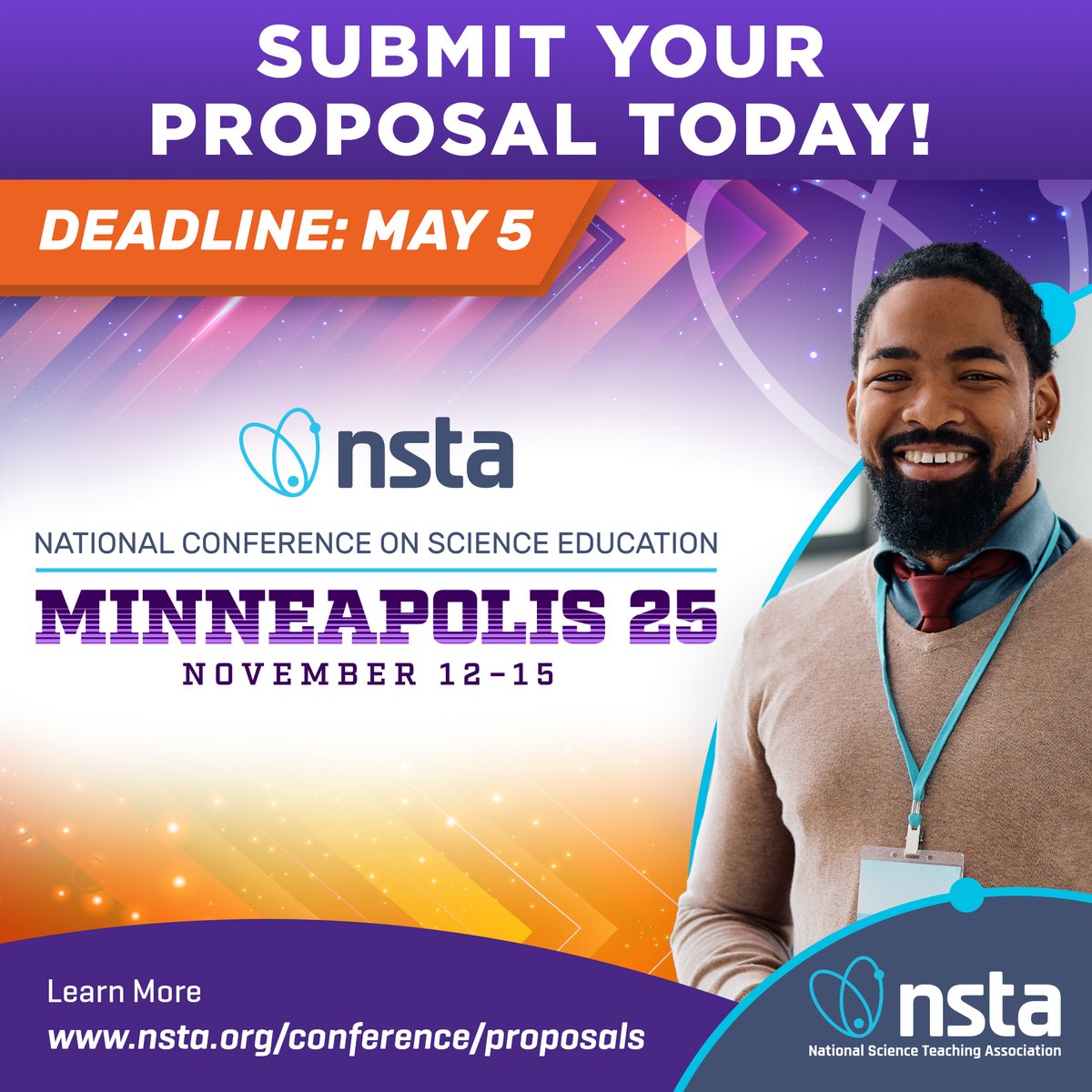 NSTA's tweet image. Time is running out to submit your session proposal for #NSTAFall25! Your unique expertise is valuable to the future of #scied. Submit your proposal by May 5 and share your perspective with the #science #teaching community. Learn more at bit.ly/4lMAn3S