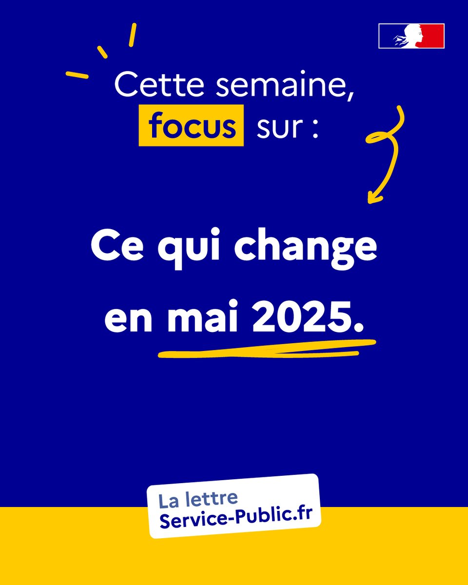 Retrouvez la lettre hebdomadaire de Service-Public.fr, avec son focus sur ce qui change en mai !

Pour la recevoir, vous pouvez vous abonner ici :
🔗 service-public.fr/actualites/let… 

#LSP #LettreSP #LettreServicePublic #ServicePublicFr