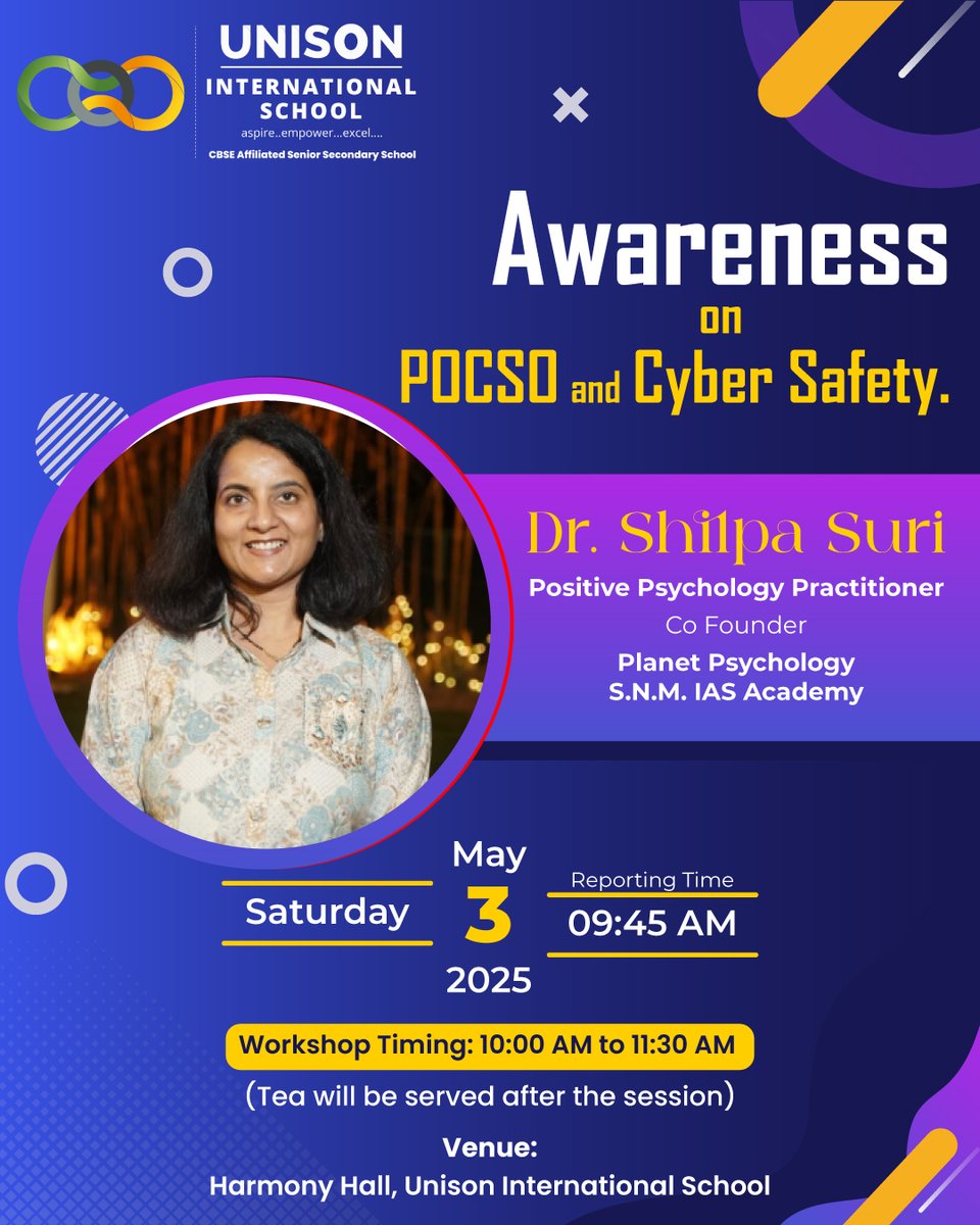 UnisonIntSchool's tweet image. Unison International School is proud to host an insightful session on POCSO and Cyber Safety with Dr. Shilpa Suri, Positive Psychology Practitioner and Co-founder of Planet Psychology 🧠✨

#POCSOAwareness #CyberSafety #UnisonInternationalSchool #Pinjore #CBSE