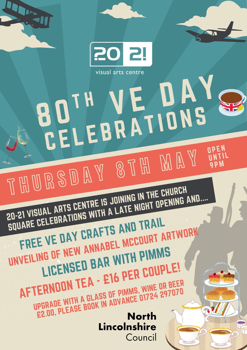 2021 Visual Arts (@2021visualarts) on Twitter photo 🎉 Celebrate the 80th anniversary of VE Day with us at 20-21 on Thurs 8 May!
🖼️ New Annabel McCourt artwork
🍰 Afternoon tea for 2 – £16 (book: 01724 297070)
🍷 Bar
🎨 Free kids crafts & trails
Late-night opening!
🇬🇧 #VEDay80 #ScunthorpeEvents 🎉 Celebrate the 80th anniversary of VE Day with us at 20-21 on Thurs 8 May!
🖼️ New Annabel McCourt artwork
🍰 Afternoon tea for 2 – £16 (book: 01724 297070)
🍷 Bar
🎨 Free kids crafts & trails
Late-night opening!
🇬🇧 #VEDay80 #ScunthorpeEvents