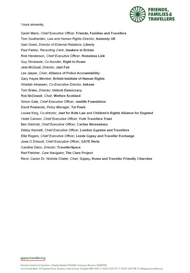Friends, Families & Travellers (@gypsytravellers) on Twitter photo 🚨CIVIL SOCIETY LEADERS CALL FOR REPEAL OF PART 4🚨
We’ve written to the Government, alongside <a href="/AmnestyUK/">Amnesty UK</a>, <a href="/libertyhq/">Liberty</a>, Quakers in Britain, <a href="/right2roam/">aidan roam</a> and others, to urge for a repeal of Part 4 of the Police, Crime, Sentencing and Courts Act 2022. (1/3) 🚨CIVIL SOCIETY LEADERS CALL FOR REPEAL OF PART 4🚨
We’ve written to the Government, alongside <a href="/AmnestyUK/">Amnesty UK</a>, <a href="/libertyhq/">Liberty</a>, Quakers in Britain, <a href="/right2roam/">aidan roam</a> and others, to urge for a repeal of Part 4 of the Police, Crime, Sentencing and Courts Act 2022. (1/3)