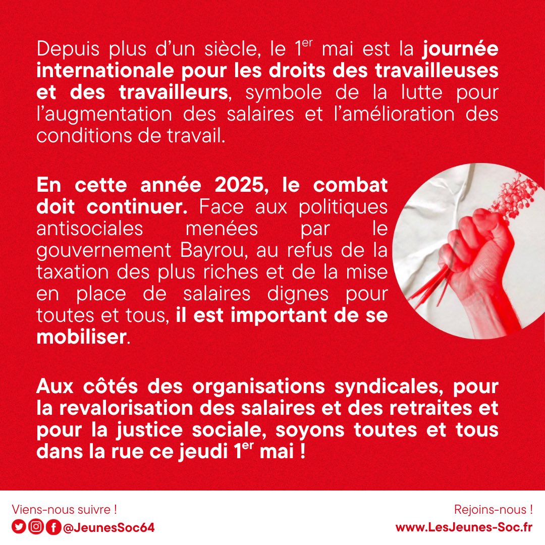 Ce jeudi 1er mai, soyons toutes et tous dans la rue ! 🌹

Aux côtés des organisations syndicales, pour la revalorisation des salaires et des retraites et pour la justice sociale, soyons toutes et tous dans la rue !✊

Retrouvez les rassemblements des Pyrénées-Atlantiques ⤵️