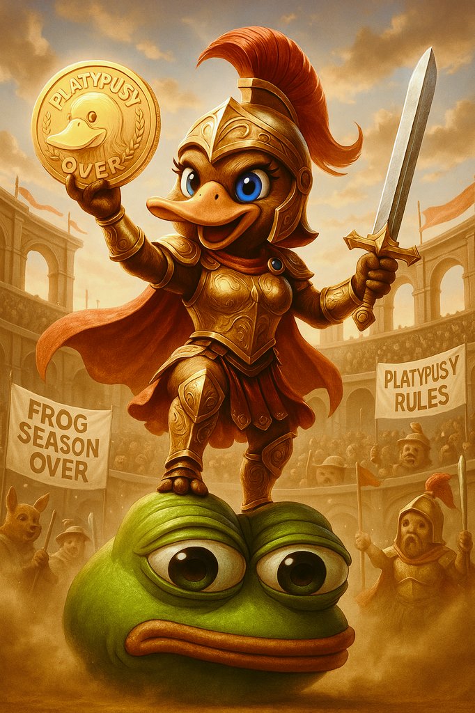 PLATTOKEN's tweet photo. "The meme arena has spoken. Platypusy reigns supreme — frog down, coin up. No mercy in the marketplace. #Platypusy #Memecoin #FrogDown #CryptoGladiator"#platypuGAMES
https://t.co/ssrzJowkwZ https://t.co/8TY6DHqKn5