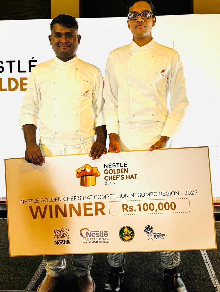 SLCS_Official's tweet photo. Proud to share our culinary team, Dinesh Viduranga and Thareen Ransana, won Nestlé Golden Chefs Hat – Negombo 2025! ✨
#SriLankanCatering #flightkitchen #nestlegoldenchefhat https://t.co/zJD9VYNE2k