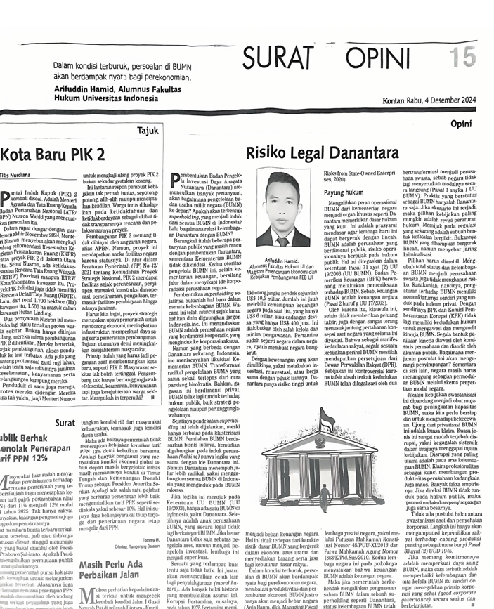arifuddinhamid's tweet photo. Opini saya di Harian Kontan, 4 Desember 2024. Tulisan ini menyikapi pembentukan BPI Daya Anagata Nusantara (Danantara) yang konon akan menggantikan peran Kementerian BUMN. 

Link: https://t.co/XAWCp78uNk https://t.co/BDqfm28ifd