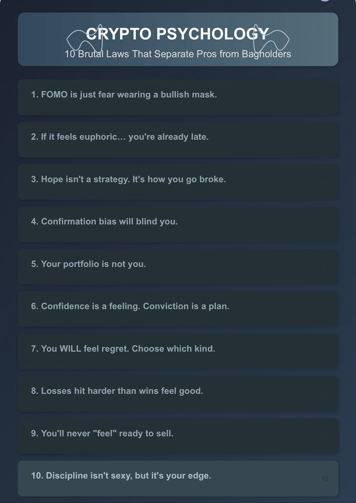 Crypto Psychology: 10 Brutal Laws That Separate the Pros from the Bagholders

If you don’t master your mind, the market will rip it apart.

Save this and read it before you ape. ↓

1: FOMO is just fear wearing a bullish mask.

You’re not bullish you’re afraid of missing the next