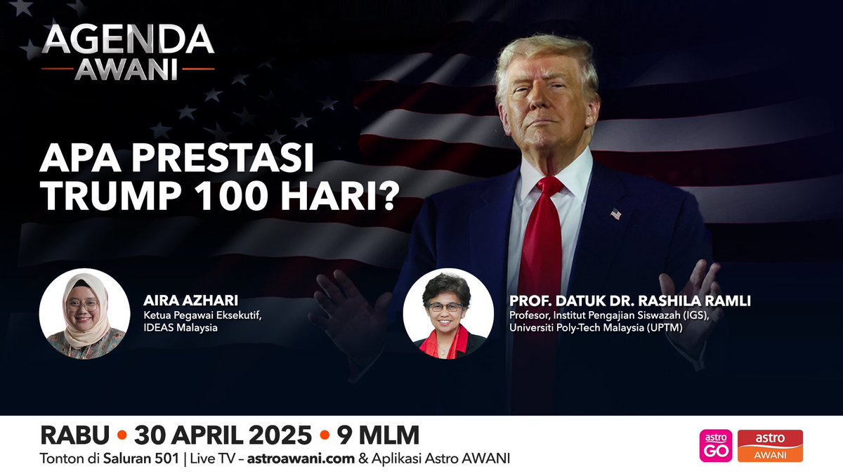 AgendaAWANI (@agendaawani) on Twitter photo Dalam tempoh 100 hari pertama pentadbiran Presiden Donald Trump, sokongan rakyat Amerika Syarikat terhadap beliau telah merosot ketara, bagaimana ia mencerminkan ketidakpuasan rakyat terhadap dasar-dasar beliau? <a href="/501Awani/">Astro AWANI</a> <a href="/nazrikh/">nazri kahar</a> Dalam tempoh 100 hari pertama pentadbiran Presiden Donald Trump, sokongan rakyat Amerika Syarikat terhadap beliau telah merosot ketara, bagaimana ia mencerminkan ketidakpuasan rakyat terhadap dasar-dasar beliau? <a href="/501Awani/">Astro AWANI</a> <a href="/nazrikh/">nazri kahar</a>