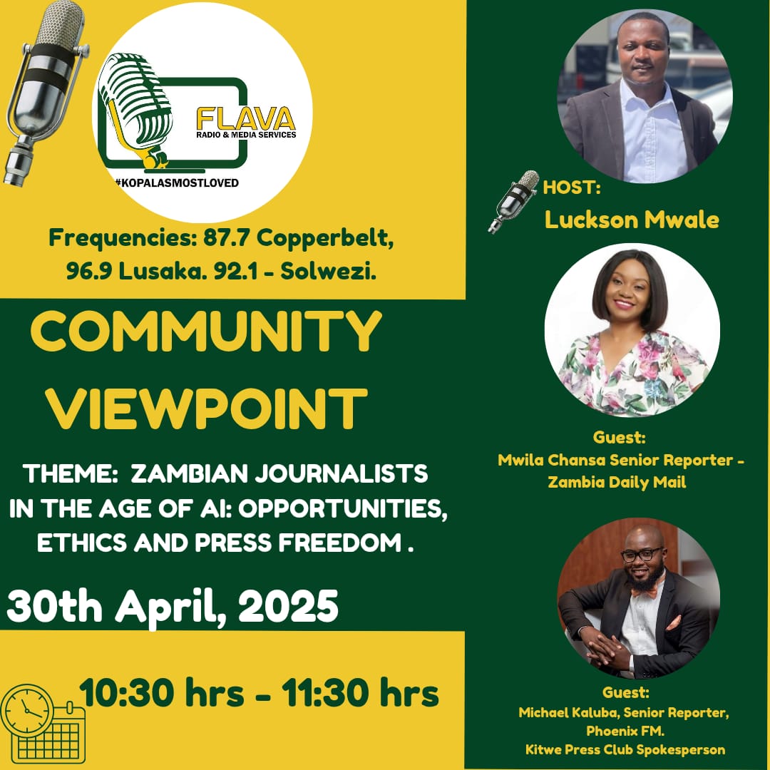 Michael_Kaluba2's tweet photo. Joined Flava FM’s Community Viewpoint to discuss #WorldPressFreedomDay2025
Theme: "Zambian Journalists in the Age of AI: Opportunities, Ethics &amp; Press Freedom."

Key takeaways:
AI is an ally, not a threat, if used ethically
Let’s defend ethical journalism in the AI era.
#WPFD2025 https://t.co/Bg4ULcQJ3L