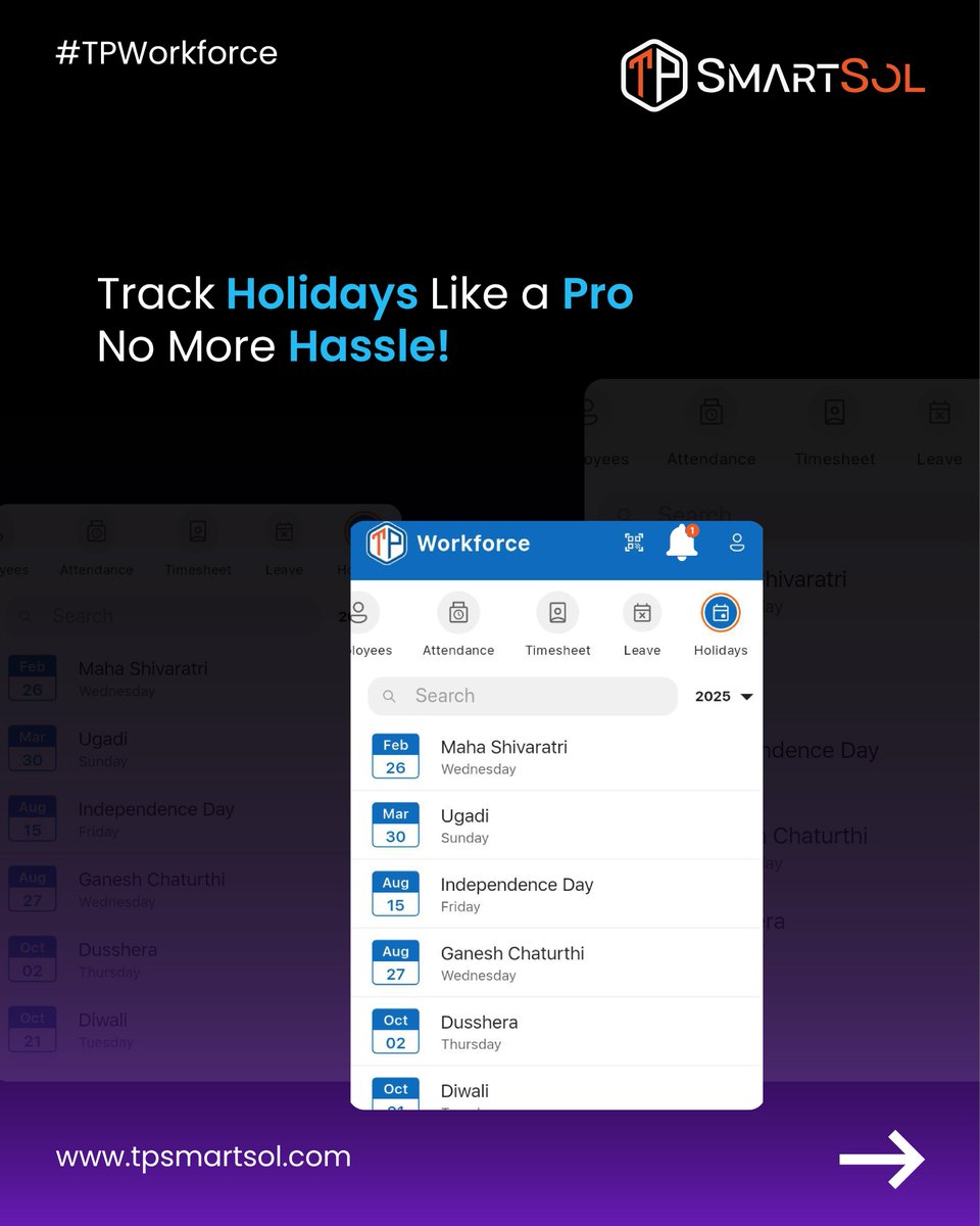 TPSmartSol's tweet photo. Smart decisions start with SmartSol!
Get real-time leave status, maintain proper attendance logs, and manage holidays across teams; without the hassle.

For more details, Visit https://t.co/cm4KEdDGVY

#TPSmartSol #TechParamount #Smartsol #aipoweredsurveillance #SmartFactory https://t.co/Y0kOWCQPiv