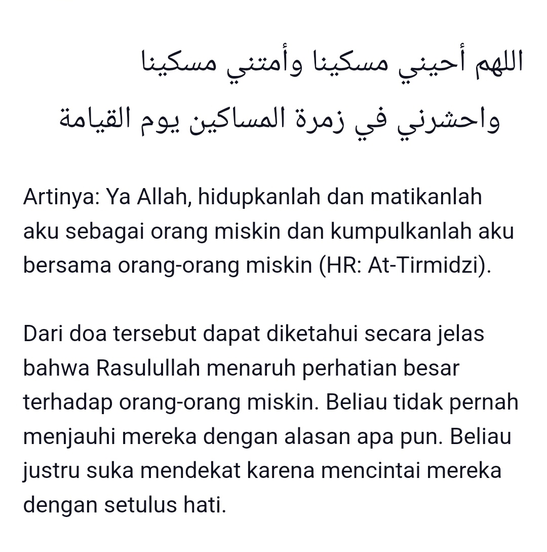 WidasSatyo's tweet photo. Buat yg muslim, mgkn sebaiknya mulai mengurangi perasaan nggak suka berlebih gitu ke orang miskin.

Allah menilai derajatmu bukan dari tebel tidaknya isi dompetmu, tp dari ketakwaanmu.

Minimal bisa sejalan dgn apa yg udah dicontohkan Rasulullah.

وَاللَّهُ أَعْلَمُ بِالصَّوَابِ https://t.co/F0eGWIqgzm