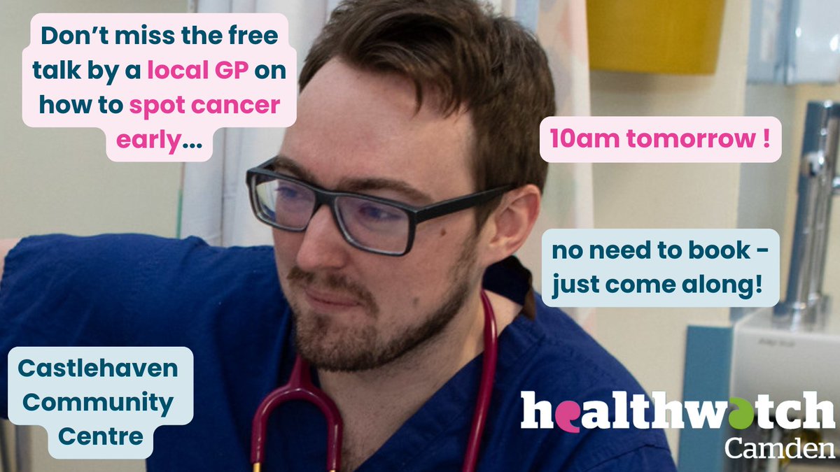 Free Wellbeing Day: Thursday 1st May 10-3pm

-10am hear from a GP on how to spot cancer 
-12pm enjoy a free delicious lunch 
-have the chance to browse the health stalls and have your blood pressure checked

Castlehaven Community Hub, 23 Castlehaven Rd, NW1 8RU