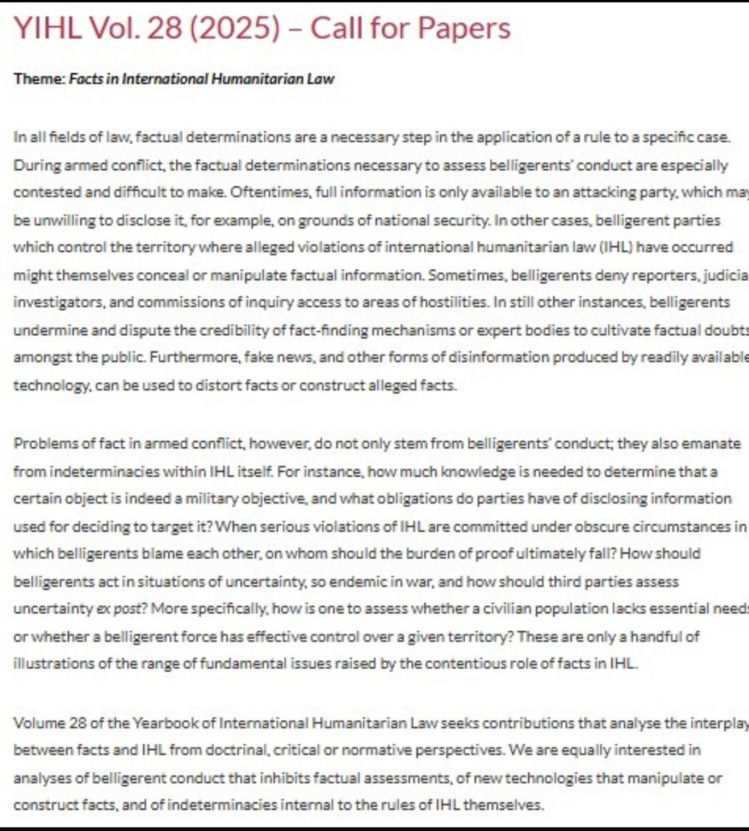 Eliav Lieblich (@eliavl) on Twitter photo Our <a href="/YearbookofIHL/">Yearbook of International Humanitarian Law</a> call for papers for Volume 28 (2025) is now out!
📖 Theme: "Facts in International Humanitarian Law"
📅 Abstract deadline: 13 June
More info:
asser.nl/asserpress/doc…
Please circulate and consider submitting. Our <a href="/YearbookofIHL/">Yearbook of International Humanitarian Law</a> call for papers for Volume 28 (2025) is now out!
📖 Theme: "Facts in International Humanitarian Law"
📅 Abstract deadline: 13 June
More info:
asser.nl/asserpress/doc…
Please circulate and consider submitting.