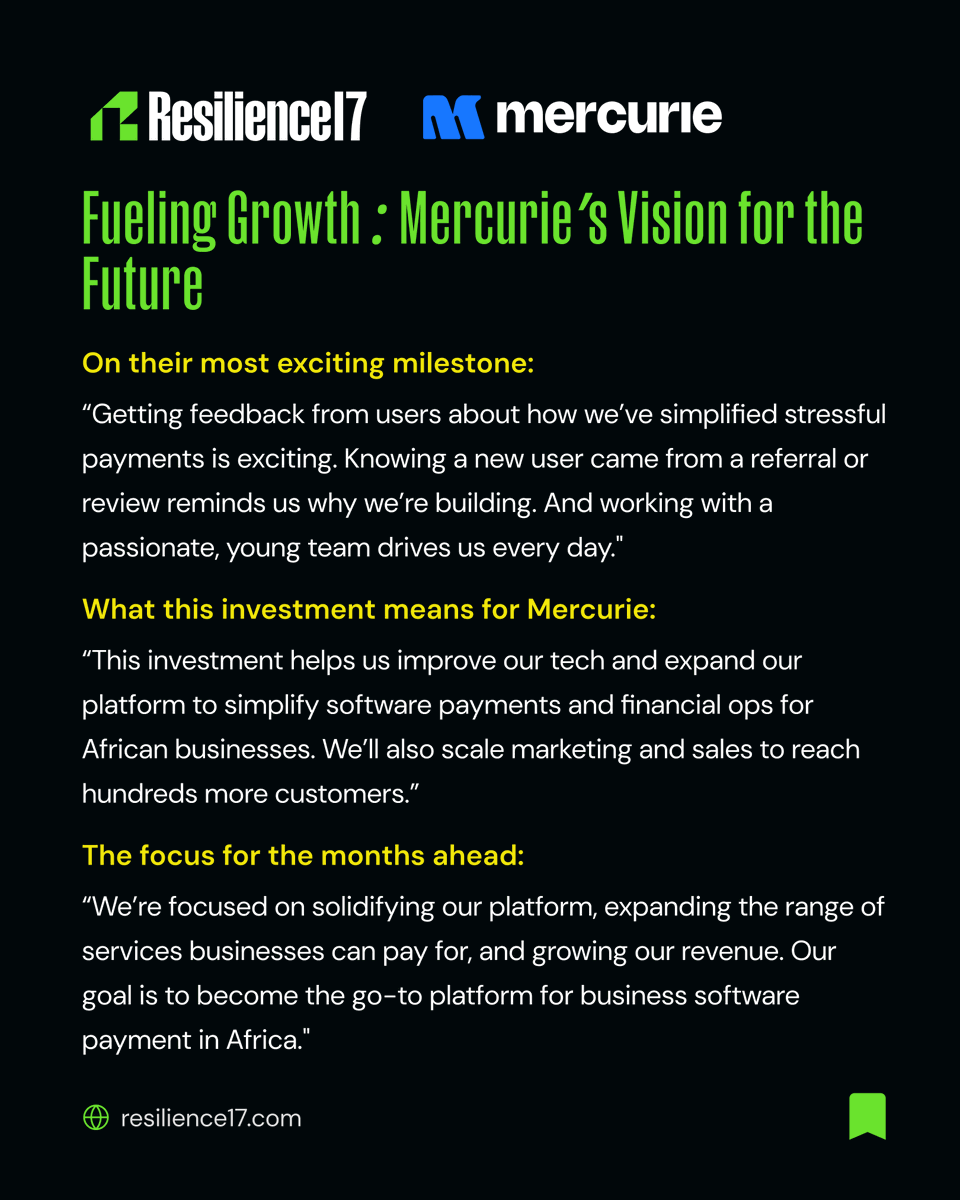 🚀 Funding Announcement

Mercurie is enabling companies across the continent to easily pay for Cloud, Ad, and SaaS tools in local currency, all from one platform.

We are  proud to support founders building for Africa, with Africa.
#FundingAnnouncement #Resilience17 #Mercurie