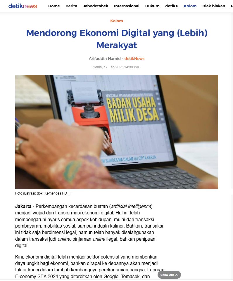 arifuddinhamid's tweet photo. Opini saya di Detik, 17 Februari 2025, bertajuk "Mendorong Ekonomi Digital yang (Lebih) Merakyat."

Link: https://t.co/LaNAlDzshC. https://t.co/aeUwY9vlJa